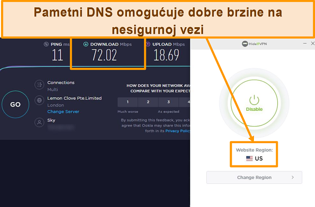 Snimka zaslona testa brzine HideIPVPN Smart DNS.