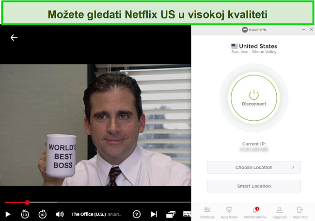 Snimka zaslona HideIPVPN-a deblokirajući američki Netflix, strujeći The Office (SAD).