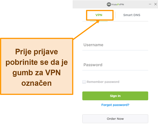 Snimka zaslona zaslona za prijavu HideIPVPN za radnu površinu.