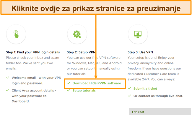 Snimka zaslona postupka stvaranja računa HideIPVPN-a, gdje za nastavak morate kliknuti na 