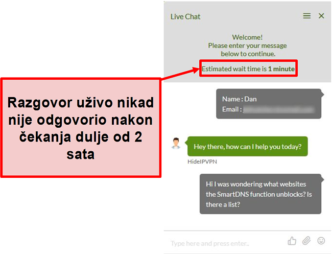 Snimka zaslona HideIPVPN chata uživo nije uspio odgovoriti.