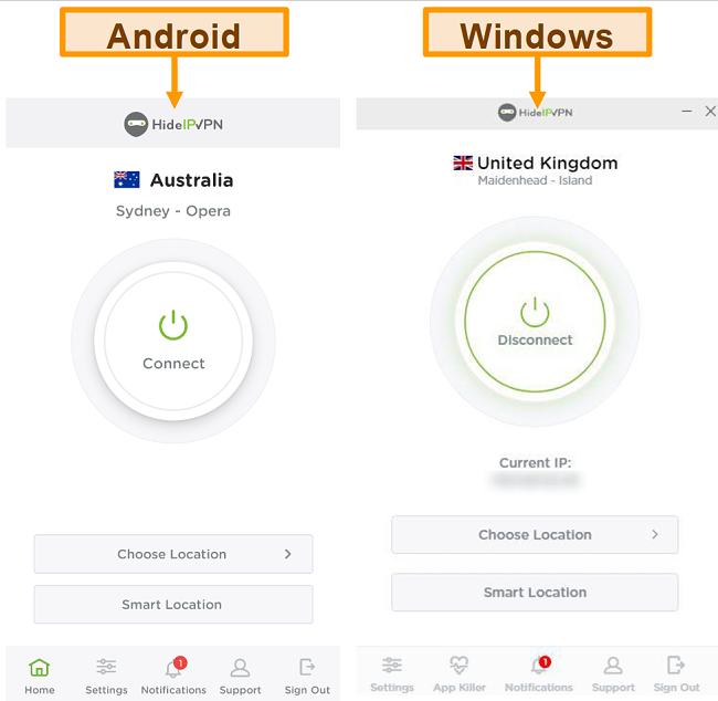 Screenshot of HideIPVPN's desktop and mobile applications.