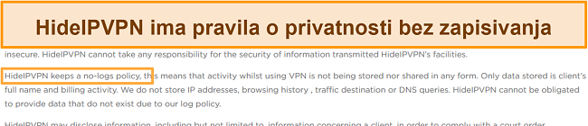 Snimka zaslona HideIPVPN-ovih pravila bez prijavljivanja.