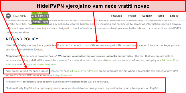 Snimka zaslona politike povrata novca tvrtke HidelVPN
