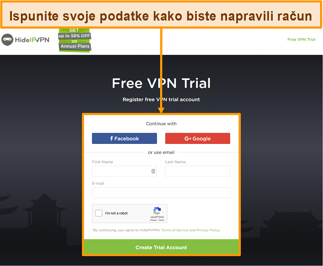 Snimka zaslona postupka izrade računa HideIPVPN.