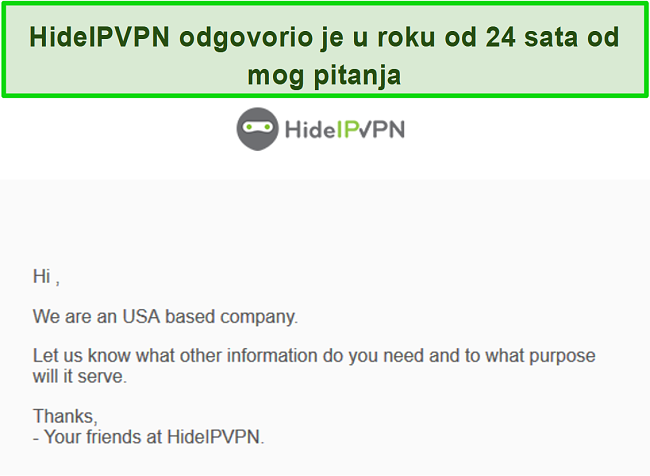 Snimka zaslona podrške e-pošte HideIPVPN-a.