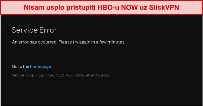 Snimka zaslona SlicVPN-a koji HBO SADA blokira