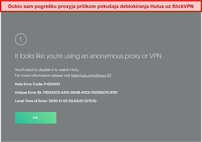 Snimka zaslona SlickVPN-a koji blokira Hulu