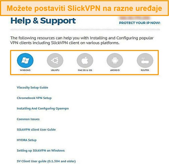 Snimka zaslona vodiča za podršku za SlickVPN