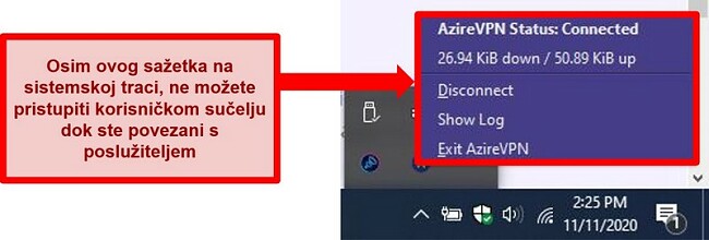 Snimka zaslona izbornika statusa ladice sustava Azire