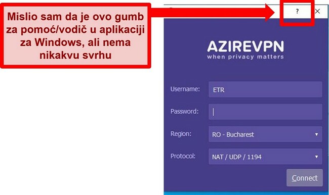 Snimka zaslona početnog zaslona korisničkog sučelja AzireVPN-a