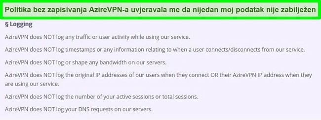 Snimka zaslona AzireVPN-ove politike nultih dnevnika