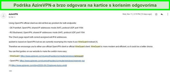 Snimak zaslona podrške za AzireVPN koji odgovara na zahtjev za pomoć