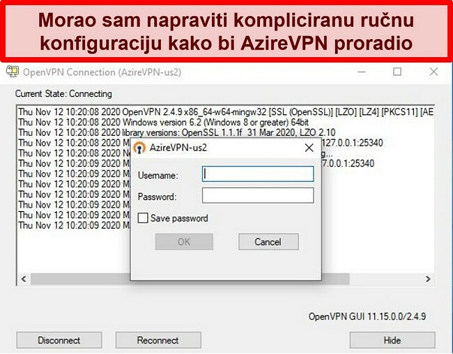  Snimka zaslona upita AzireVPN za prijavu tijekom korištenja OpenVPN klijenta