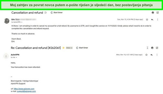  Snimka zaslona niti e-pošte koja prikazuje postupak otkazivanja i povrata novca AzireVPN