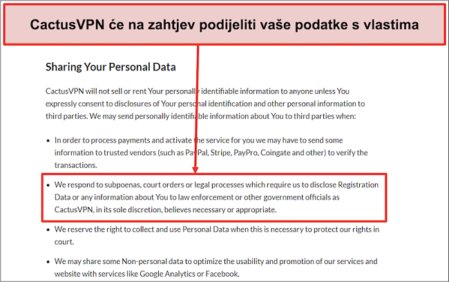 Snimka zaslona politike privatnosti tvrtke CactusVPN koja pokazuje da će predati vaše podatke