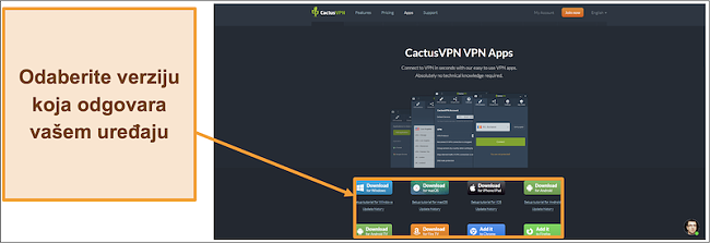 Snimka zaslona koja pokazuje gdje sa svoje web stranice možete preuzeti verziju CactusVPN-a koju želite