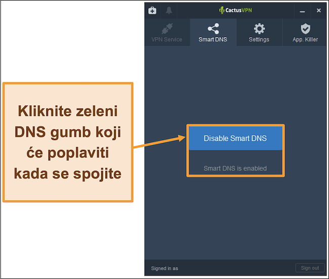 Snimka zaslona sučelja CactusVPN koja pokazuje kako omogućiti pametni DNS