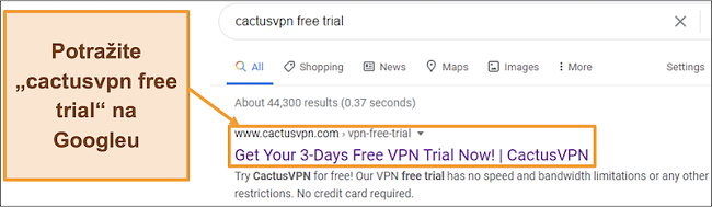 Snimka zaslona koja prikazuje kako pronaći besplatnu probnu verziju CactusVPN na Googleu