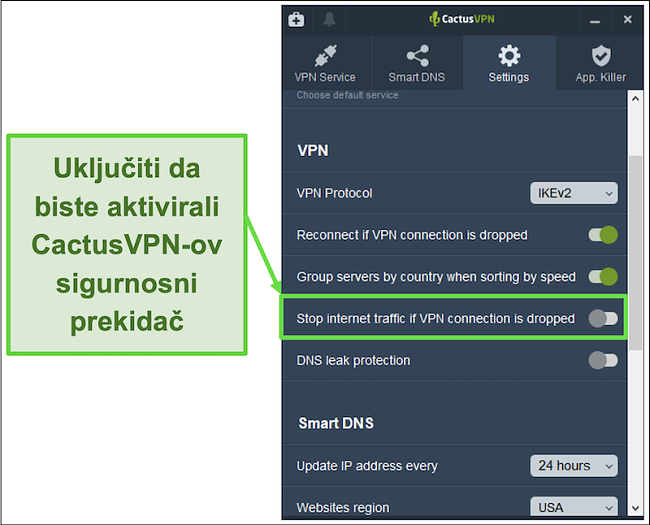 Snimka zaslona koja pokazuje kako ručno aktivirati prekidač za ubojstvo CactusVPN-a