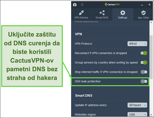 Snimka zaslona koja pokazuje kako omogućiti zaštitu od propuštanja DNS-a