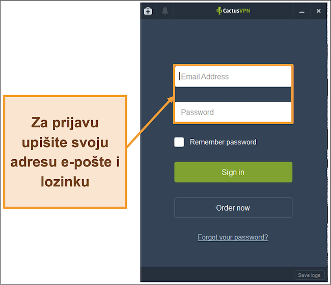 Snimka zaslona prikazuje zaslon za prijavu na klijentu CactusVPN