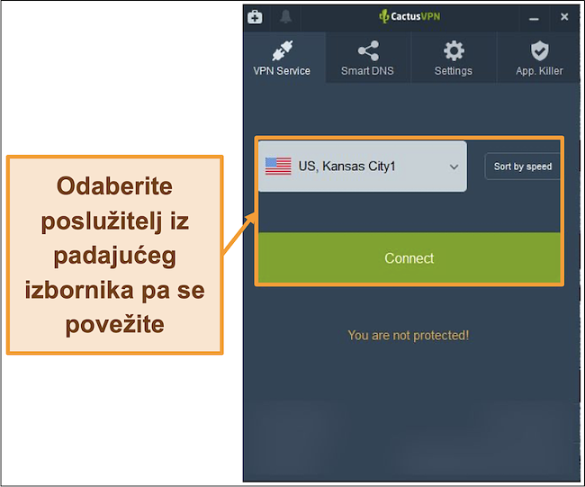 Snimak zaslona sučelja CactusVPN koji prikazuje padajući izbornik za odabir poslužitelja