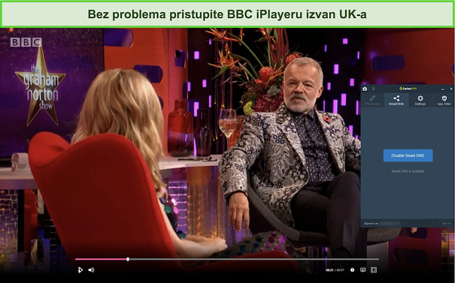 Snimka zaslona emisije Graham Norton uspješno se emitira na BBC iPlayeru s povezanim CactusVPN-om