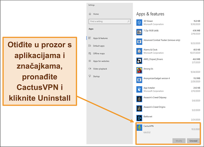 Snimka zaslona koja prikazuje kako započeti postupak deinstalacije CactusVPN-a s izbornika Aplikacije i značajke