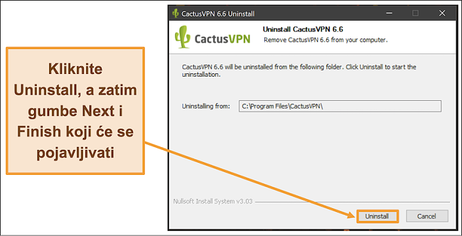 Snimka zaslona koja pokazuje kako dovršiti deinstalaciju CactusVPN-a iz čarobnjaka za deinstalaciju