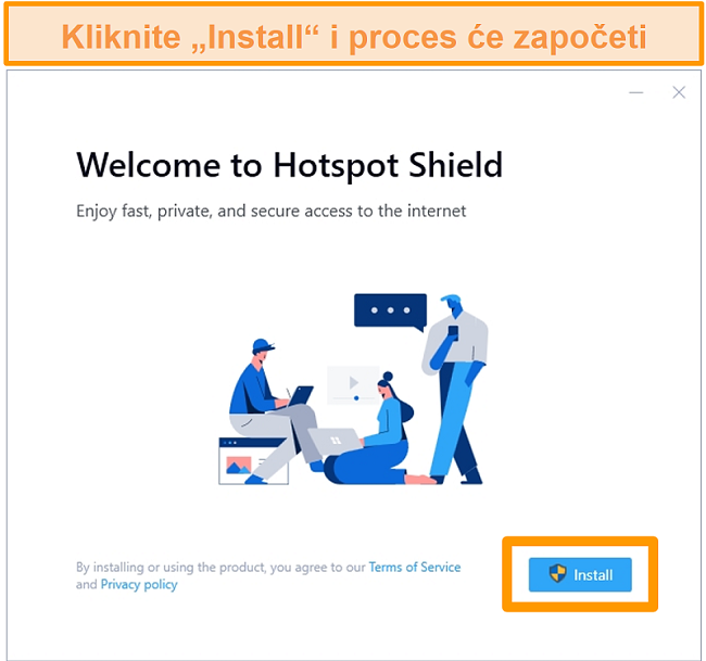 Snimka zaslona instalacijskog zaslona programa Hotspot Shield u sustavu Windows.