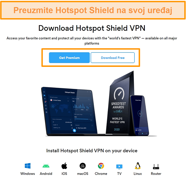 Snimka zaslona stranice za preuzimanje Hotspot Shielda.