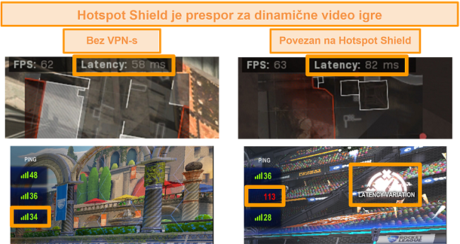 Snimka zaslona Call of Duty: Modern Warfare i Rocket League testirani na povećanje latencije kada su povezani s Hotspot Shield VPN-om na računalu.