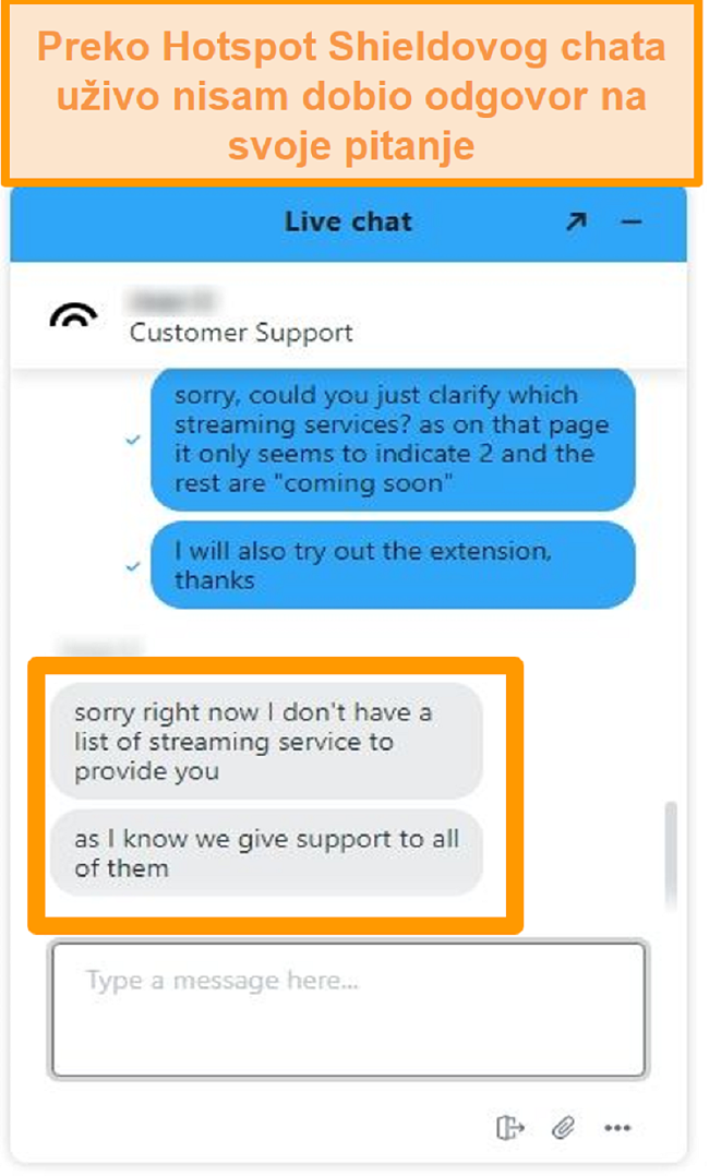 Snimka zaslona Hotspot Shield agenta za chat uživo koji nije mogao odgovoriti na moje pitanje
