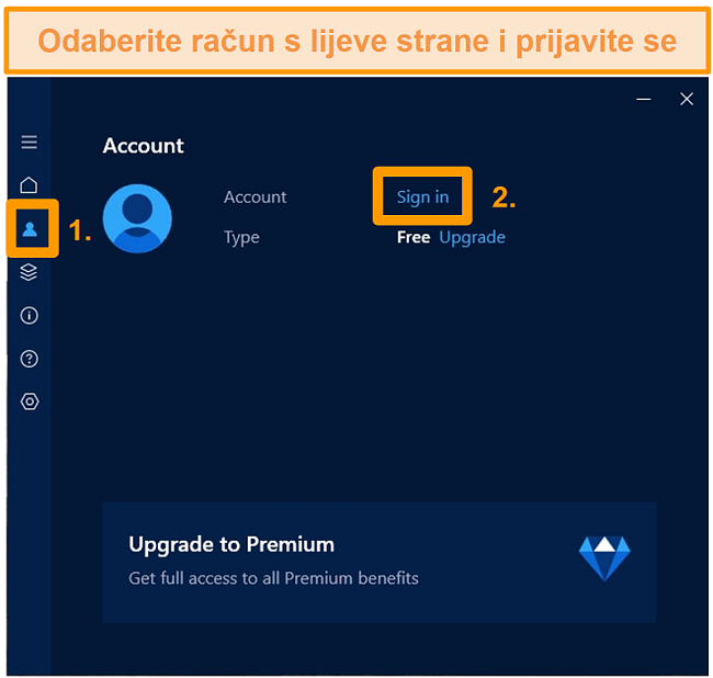 Snimka zaslona zaslona za prijavu računa aplikacije Hotspot Shield Windows.