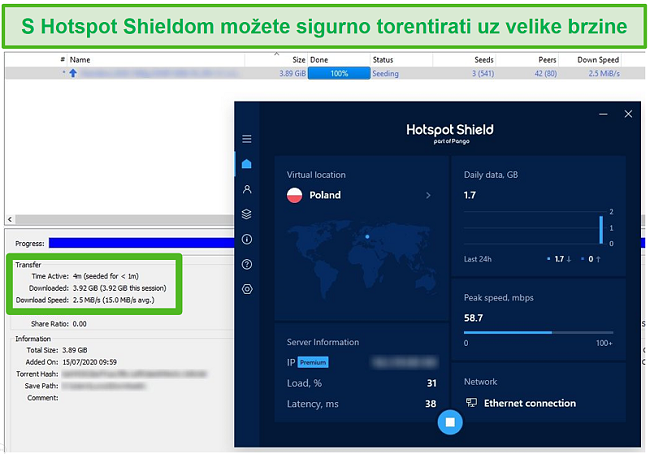 Snimka zaslona povezivanja s Hotspot Shieldom tijekom torrentiranja datoteke od 4 GB za manje od 4 minute.