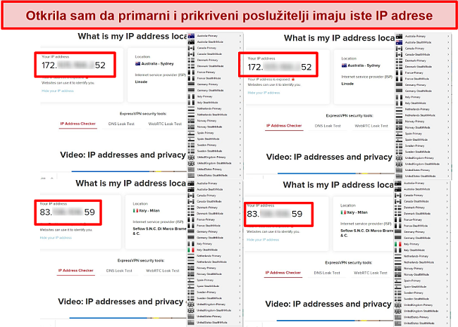 Snimka zaslona primarnih i stealth poslužitelja My Expat Network koji daju istu IP adresu