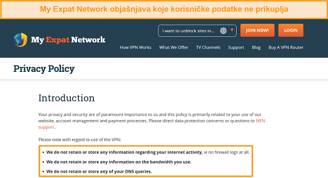 Snimka zaslona pravila privatnosti My Expat Network