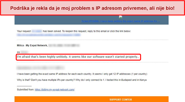 Snimka zaslona odgovora e-pošte My Expat Network s objašnjenjem problema s IP adresom