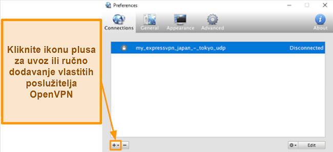 Snimka zaslona aplikacije Viskoznost koja pokazuje kako dodati OpenVPN poslužitelje