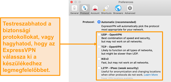 Screenshot of ExpressVPN's security protocols on the app