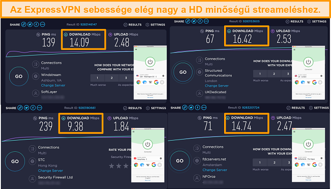 Screenshot of ExpressVPN's servers in the US, UK, Netherlands, and Hong Kong with speed test results
