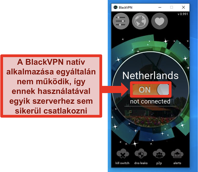 Pillanatkép a BlackVPN Windows klienséről, amely a bekapcsolás ellenére sem csatlakozik