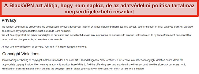 Pillanatkép a BlackVPN Általános Szerződési Feltételeinek Adatvédelem és Szerzői Jogi Megsértések szakaszáról