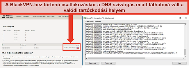 Pillanatkép egy sikertelen DNS-szivárgástesztről, miközben a BlackVPN az Egyesült Államok egyik szerveréhez csatlakozik