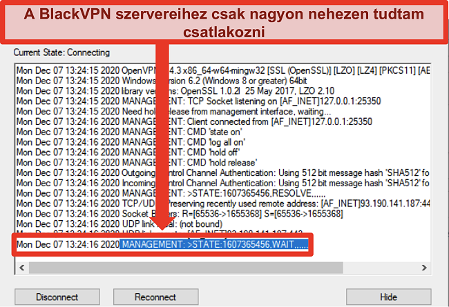 Pillanatkép arról, hogy a BlackVPN megpróbál csatlakozni egy szerverhez az OpenVPN kliensen keresztül