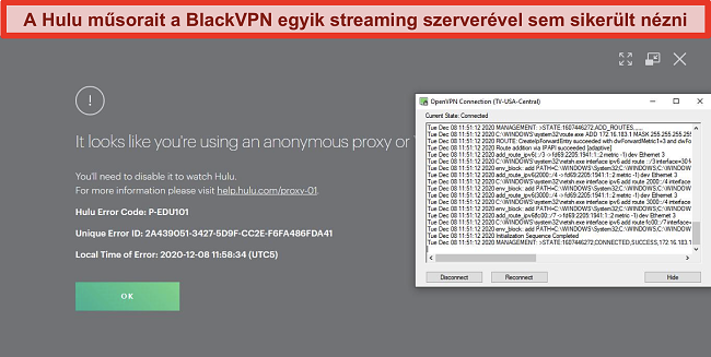 Pillanatkép a Hulu proxy IP hibájáról, miközben a BlackVPN OpenVPN-en keresztül csatlakozik