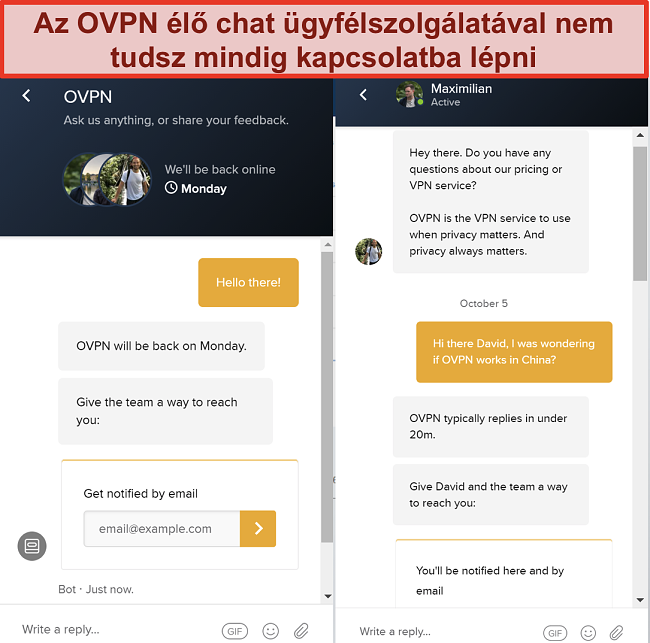Képernyőkép az OVPN korlátozott élő csevegési támogatásáról