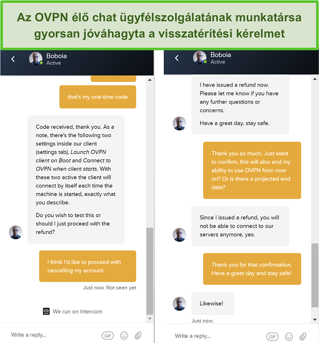 Pillanatkép a sikeres visszatérítési kérelemről az OVPN élő csevegésén keresztül