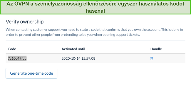 Pillanatkép az OVPN egyszeri kódjáról az identitás ellenőrzésére az előfizetés lemondási folyamata során